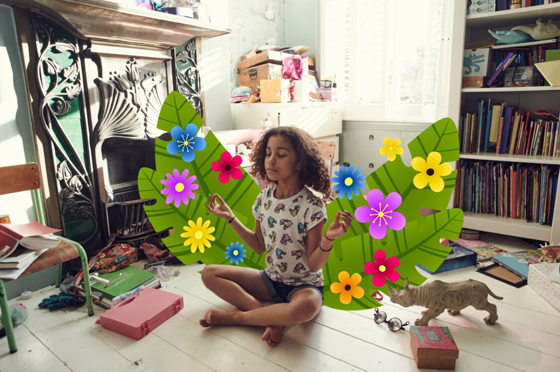 Girl meditating in bedroom with imaginary plants