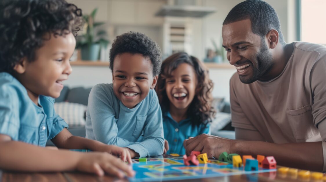 A diverse family laughing and talking while playing a board game in the living room, with a child wearing a cyan shirt.
