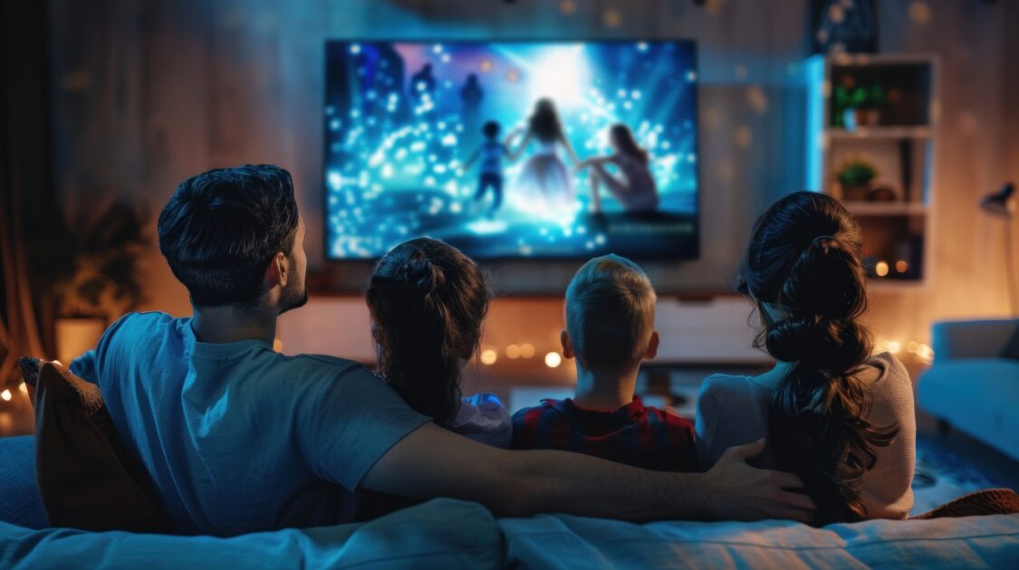 Family sitting on their couch with their arms around each other watching a movie on TV.